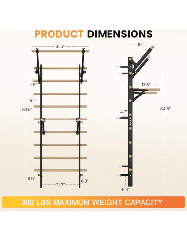 Escalera Sueca de Gimnasio FiitDavz Ajustable 198 cm con Bandas