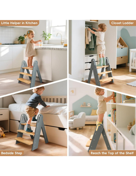 Escalera Plegable de 3 Pasos Suihuooo para Niños - Gris
