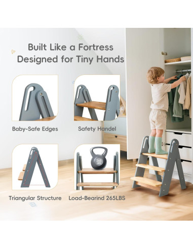 Escalera Plegable de 3 Pasos Suihuooo para Niños - Gris