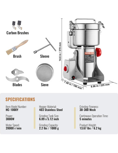 Molinillo de Granos Eléctrico VEVOR 1000g 3000W Acero Inoxidable