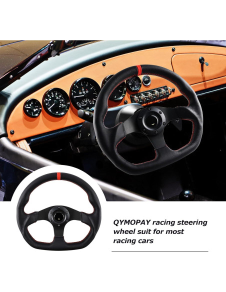 Volante de Carreras QYMOPAY 33 cm 3 Radios Aluminio Cuero Negro