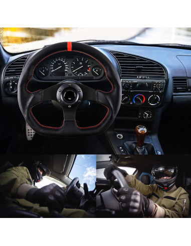 Volante de Carreras QYMOPAY 33 cm 3 Radios Aluminio Cuero Negro