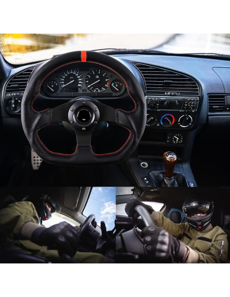 Volante de Carreras QYMOPAY 33 cm 3 Radios Aluminio Cuero Negro