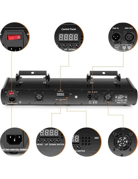 Luz Láser DJ U`King 5 Rayos RGBYC Control DMX 30W