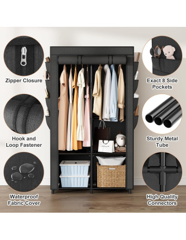 Armario Portátil BrFoYu 4 Estantes 2 Varillas 8 Bolsillos Negro