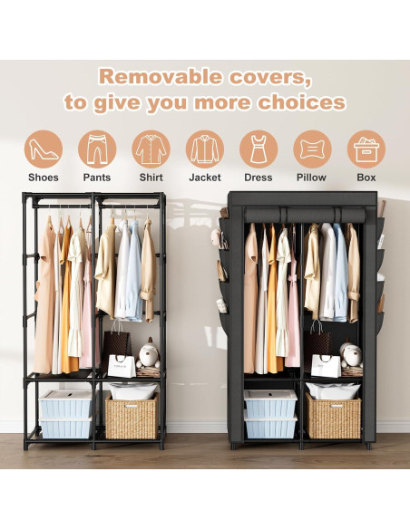 Armario Portátil BrFoYu 4 Estantes 2 Varillas 8 Bolsillos Negro