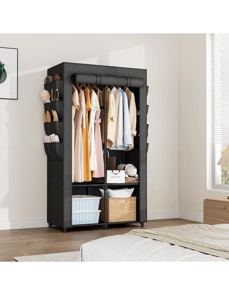 Armario Portátil BrFoYu 4 Estantes 2 Varillas 8 Bolsillos Negro