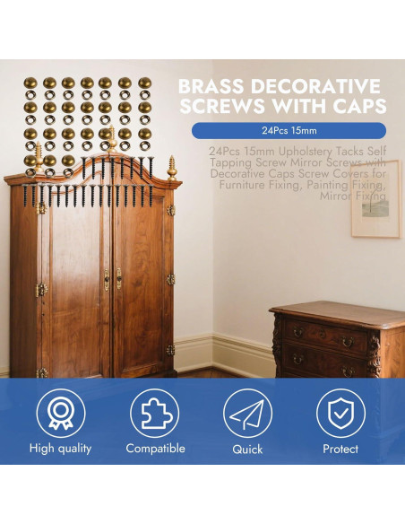 24 Tornillos Decorativos de Latón M4 25mm con Tapas y Destornillador