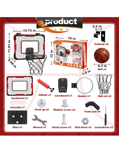 Aro de Baloncesto Interior GMAOPHY con Marcador Electrónico y 3 Balones