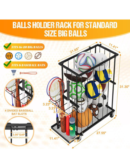 Estante Organizador de Pelotas Hencawima con Ruedas Negro