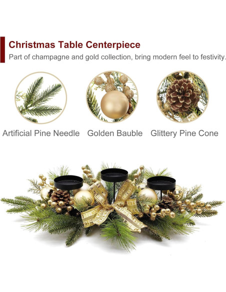 Centro de Mesa Navideño Dorado con Bayas y Piñas 69.85 cm