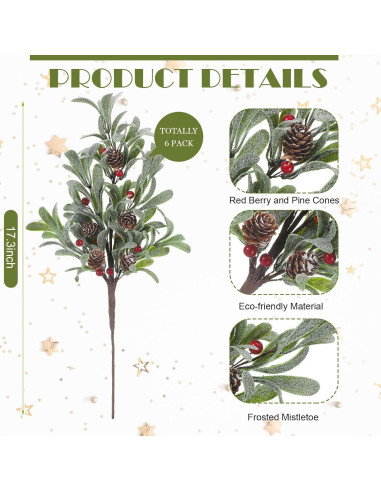 6 Ramas Artificiales de Muérdago Solsew 43.9 cm Decoración Navidad