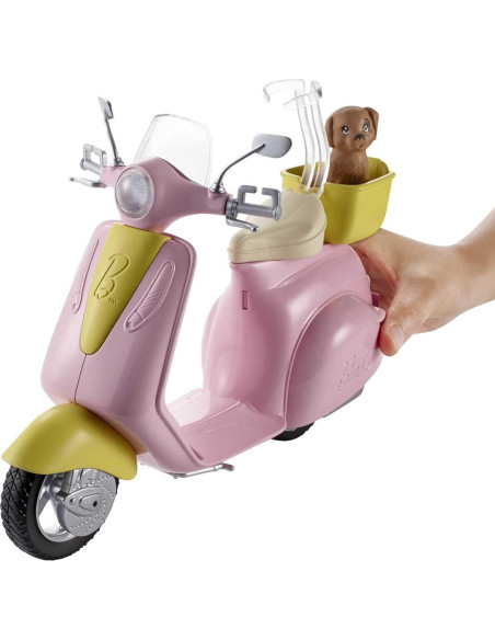 Scooter de Juguete Barbie Moped Rosa y Amarillo con Cachorro