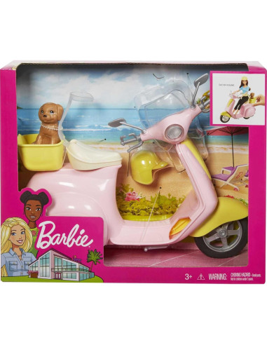 Scooter de Juguete Barbie Moped Rosa y Amarillo con Cachorro
