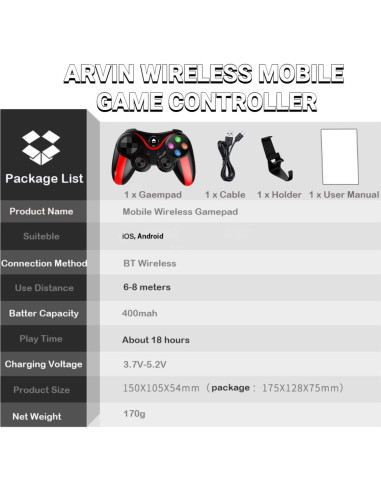 Controlador de Juego Móvil arVin para iPhone y Android Rojo