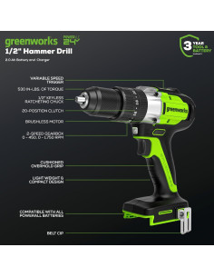 Taladro Percusión Inalámbrico Greenworks 24V 2Ah Motor Sin Escobillas 2