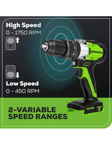 Taladro Percusión Inalámbrico Greenworks 24V 2Ah Motor Sin Escobillas