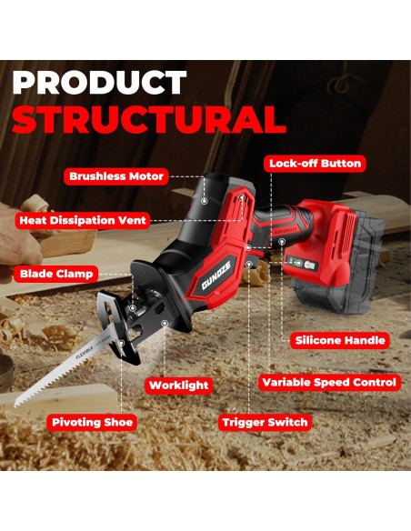 Sierra Recíproca Inalámbrica GUNOZE 18V 3 Velocidades 0-3500