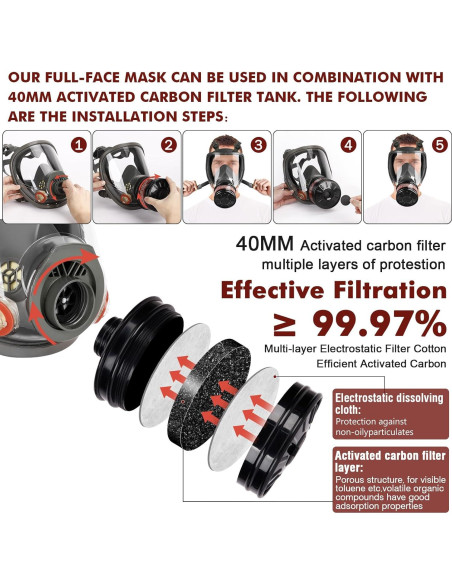 Máscara de Gas Completa Reutilizable 40mm - Filtro Carbón Activado