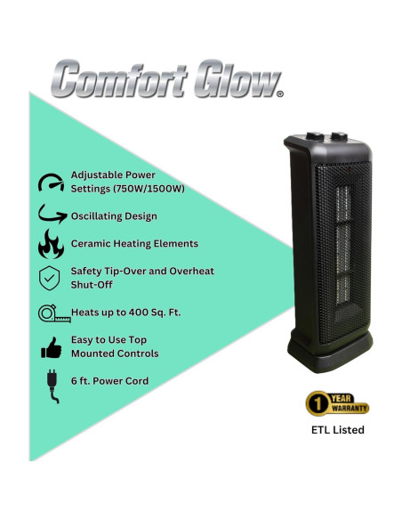 Calentador de Torre Cerámico Comfort Glow CEH625 1500W Oscilante