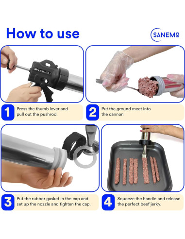 Pistola de Jerky SANEMO 0.68 kg con 5 Boquillas y Accesorios