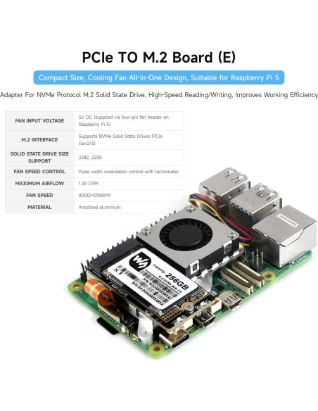 Placa Adaptadora PCIe a M.2 NVMe Waveshare para Raspberry Pi 5