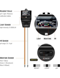 Medidor de pH del suelo Sonkir 3-en-1 Humedad Luz 2