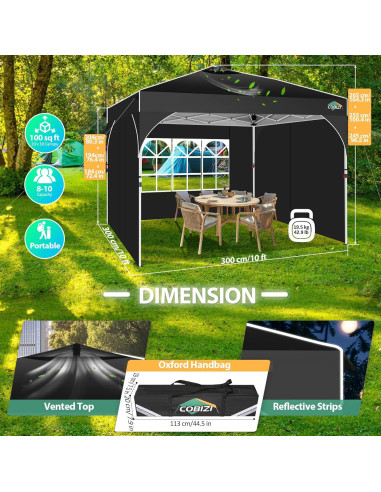 Carpa Plegable COBIZI 10x10m Negra con Paredes Laterales