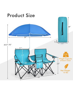 Sillas de Playa Plegables Dobles ARLIME con Sombrilla Turquesa 2
