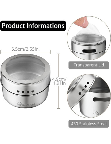 Juego de 12 Tarros de Especias Magnéticos HOMGEN 100ml