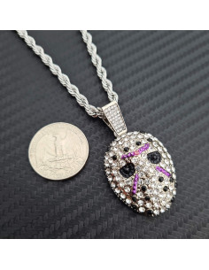 Colgante de Máscara Jason Hip Hop Oro Blanco 30x25mm Cadena 4mm 60cm 2