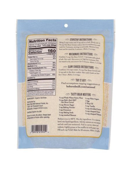 Cereal de Salvado de Avena Orgánico Bob's Red Mill 510 g