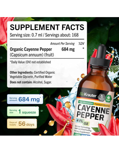 Gotas de Pimienta de Cayena BioKrauter 118 ml - Veganas y Sin Alcohol