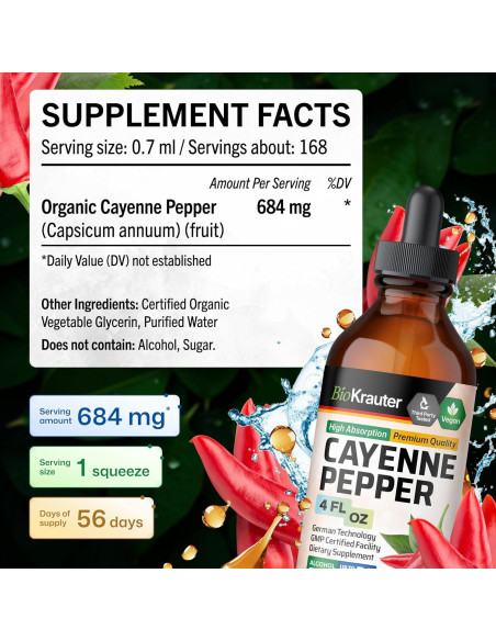 Gotas de Pimienta de Cayena BioKrauter 118 ml - Veganas y Sin Alcohol