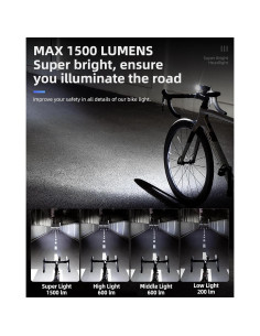 Luz de Bicicleta ROCKBROS 1500 Lúmenes Recargable USB-C IPX6 2