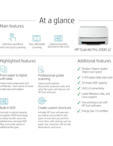 Escáner a Color HP ScanJet Pro 2000 s2 35ppm USB ADF 50 Páginas