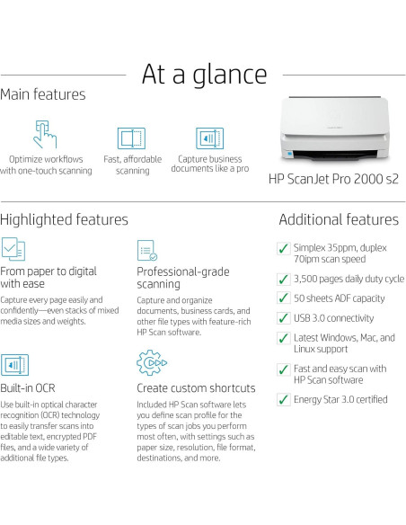 Escáner a Color HP ScanJet Pro 2000 s2 35ppm USB ADF 50 Páginas
