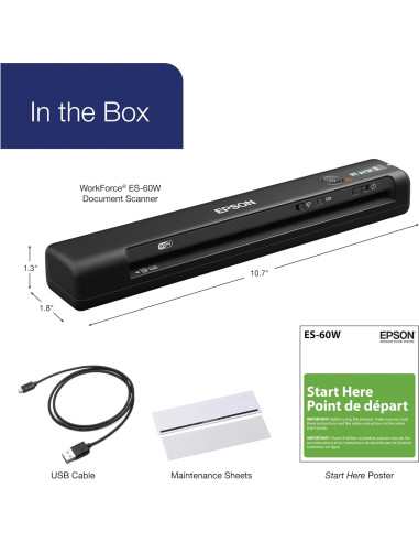 Escáner portátil inalámbrico Epson WorkForce ES-60W 27.2x4.6cm