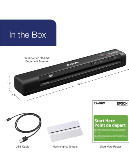 Escáner portátil inalámbrico Epson WorkForce ES-60W 27.2x4.6cm