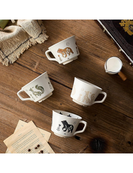 Set de 4 Tazas de Cerámica Rústica Swuut Animales 354 ml