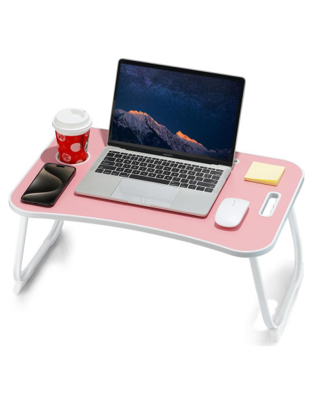 Escritorio de Cama Plegable ZEAPTAC Rosa 60x40 cm con Portavasos