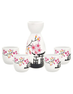 Juego de Sake 5 Piezas Artesanos Antiguos Cerámica Sakura