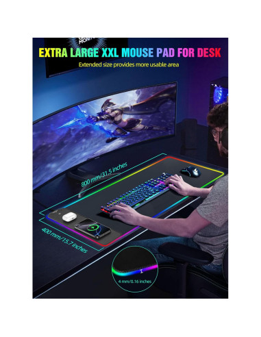 Alfombrilla de Carga Inalámbrica RGB TopMade HD77 80x40cm