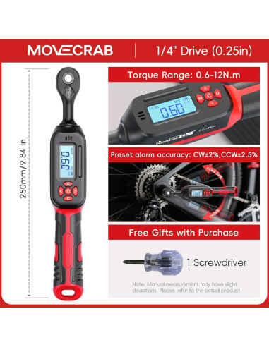 Llave de Torque Digital 1/4 MOVECRAB 0.6-12 N.m Precisión +/-2%