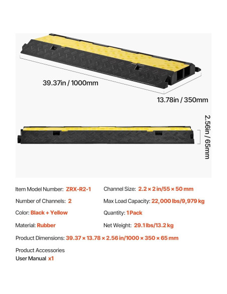 Rampas de Protección de Cables VEVOR 100 cm 2 Canales Caucho