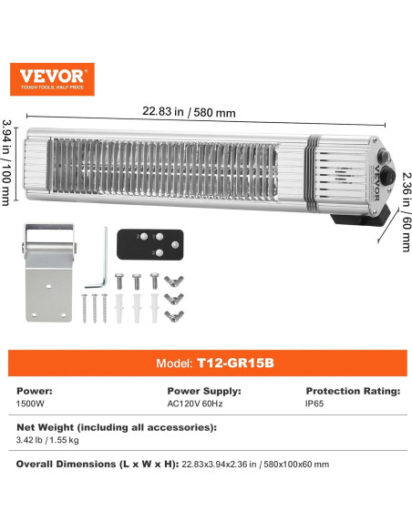 Calefactor Infrarrojo VEVOR 1500W Control Remoto IP65