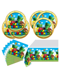 Artículos de Fiesta Super Bros - 20 Platos, 20 Servilletas y Mantel 180x107 cm