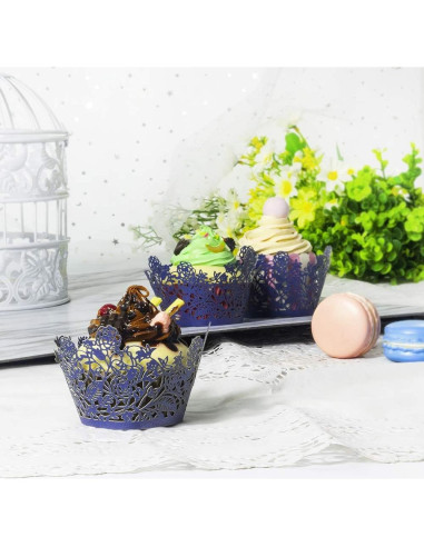 60 Fundas de Cupcake YOZATIA Encaje Rosa Azul Marino 7.9cm