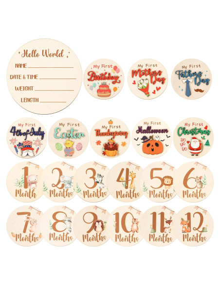 Carteles de Hitos Mensuales para Bebés 11PCS Madera Animales