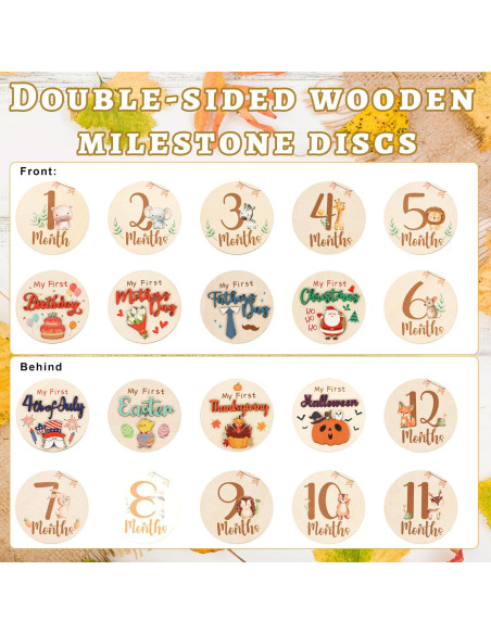 Carteles de Hitos Mensuales para Bebés 11PCS Madera Animales